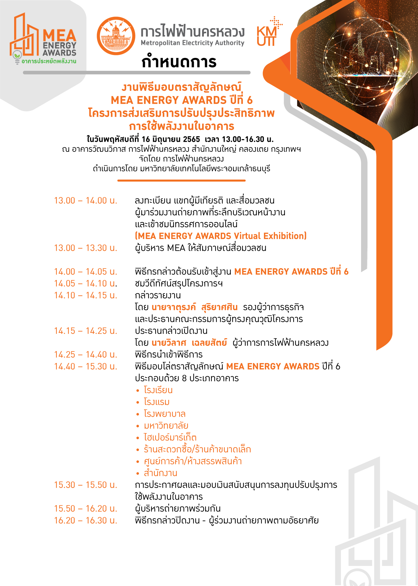 กำหนดการ "พิธีมอบตราสัญลักษณ์  MEA ENERGY AWARDS ปีที่ 6"