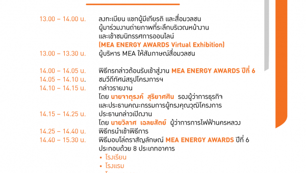 กำหนดการ "พิธีมอบตราสัญลักษณ์  MEA ENERGY AWARDS ปีที่ 6"